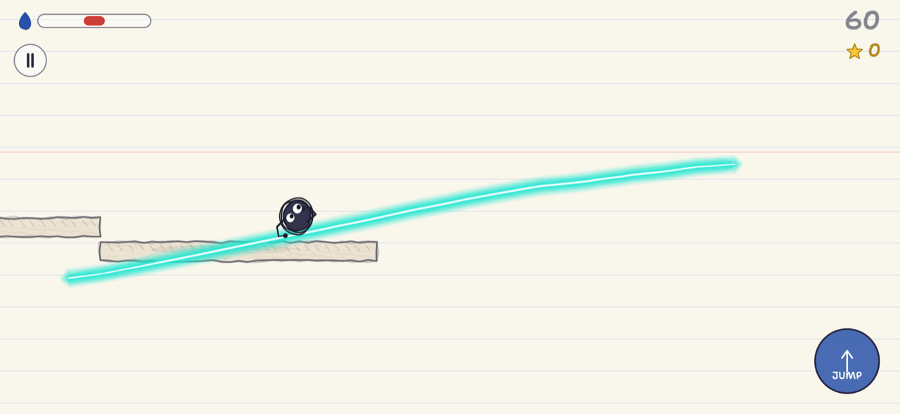 InkRunner gameplay — an ink-drop rolling along a hand-drawn teal line across notebook paper