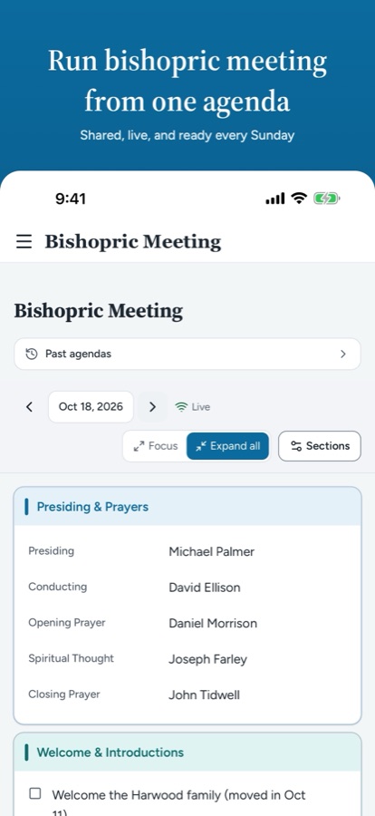 The LCR Ops bishopric meeting agenda — shared, live, and ready every Sunday