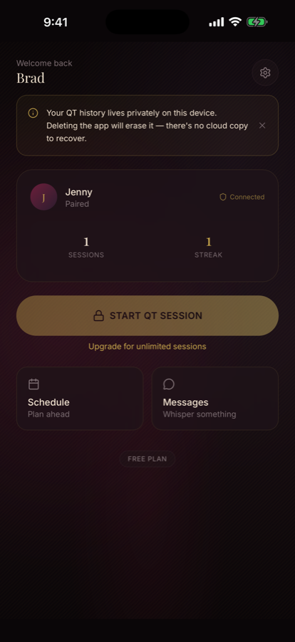 The QT home screen — paired with your partner, ready to start a protected session
